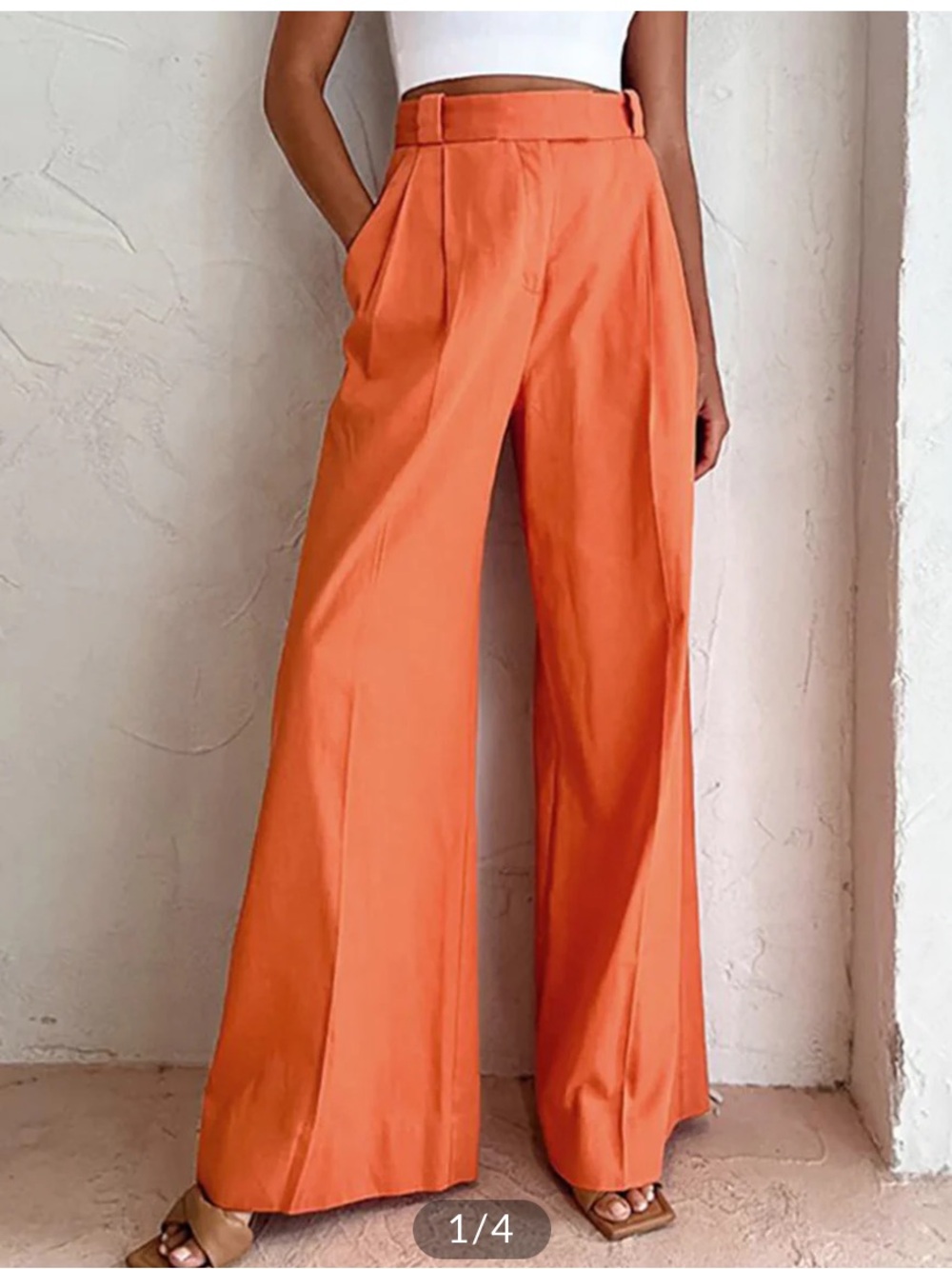 NWT Commense Wide-Leg Linen-Cotton Pants in Bright Orange
